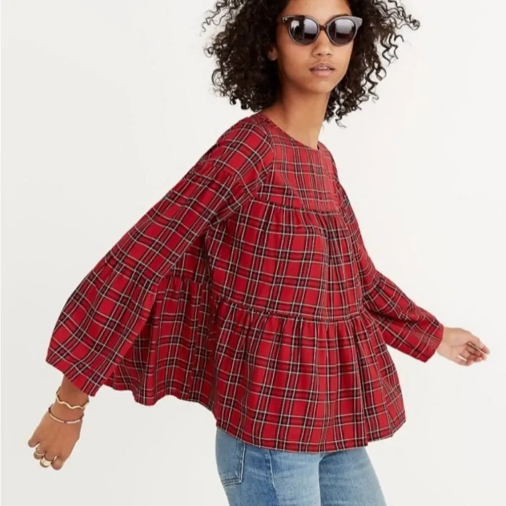 Madewell Red Plaid Tiered Button Back Swing Top Size Small